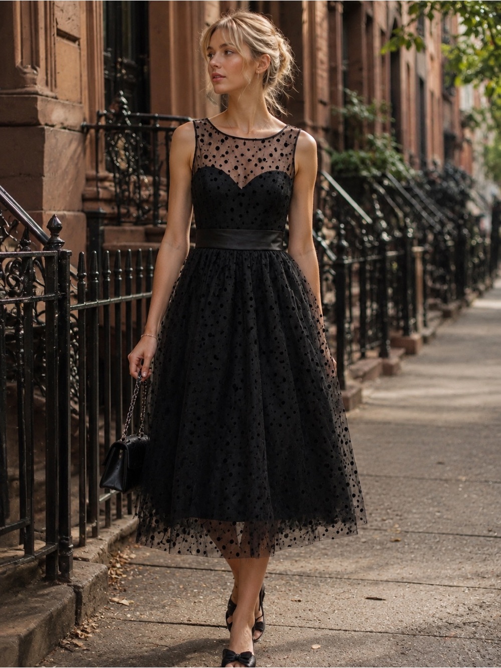 Black Polka Dot Tulle Midi Dress Fit Flare Prom Twee Wedding Formal Cocktail 8